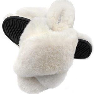 Women Faux Fur Cross-Band Slippers Cushioned Non-Slip Indoor/Outdoor Slippers
